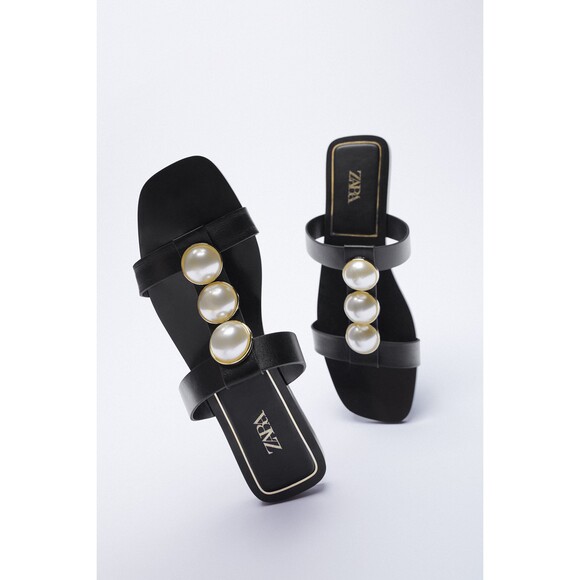 Black Zara Pearl Embellished Leather Flat Slip-On Slides Sandals (NWT) - Picture 2 of 5